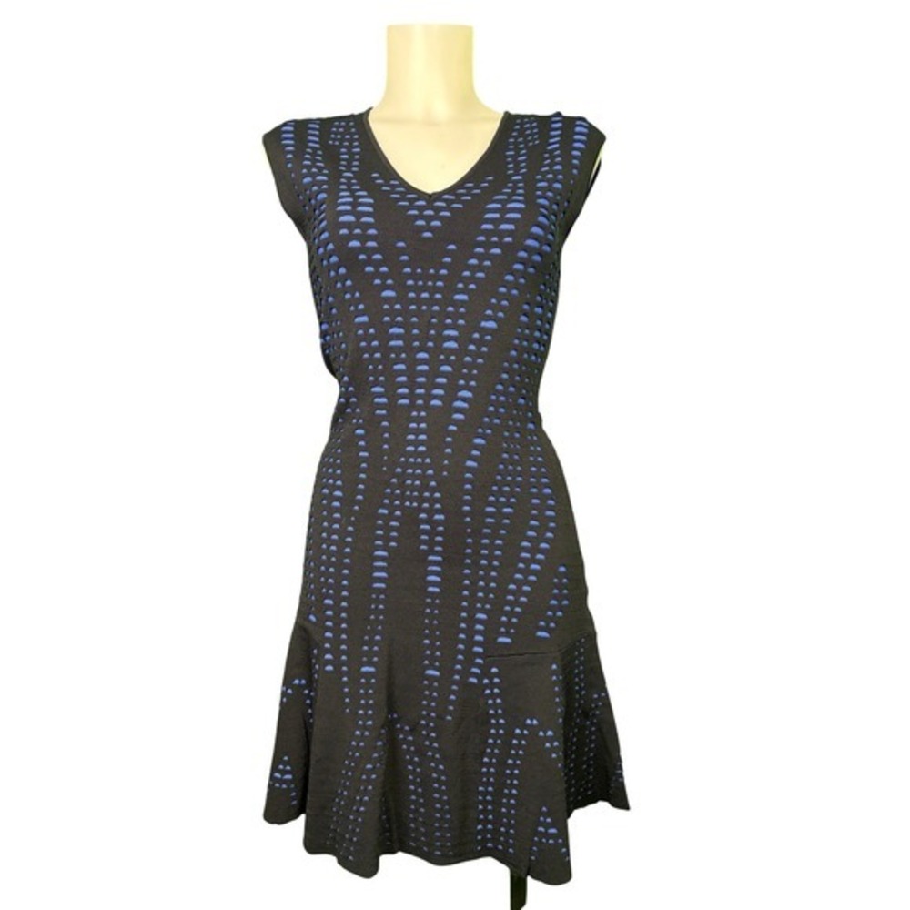 Rachel Roy - Blue Sleeveless Knit Dress, Fit and Flare,Geometric Pattern- Small